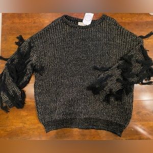 NWT Boutique Black and Gold Sweater with Fringe Detail